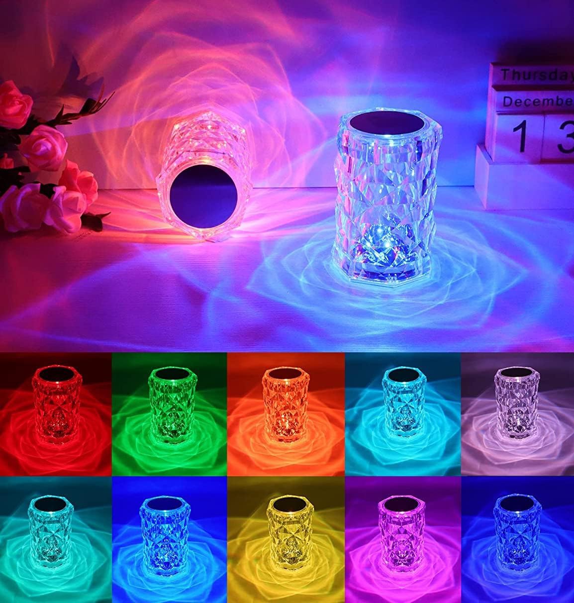 Lampe de table en cristal rose, lampe de table tactile LED, lampe de
