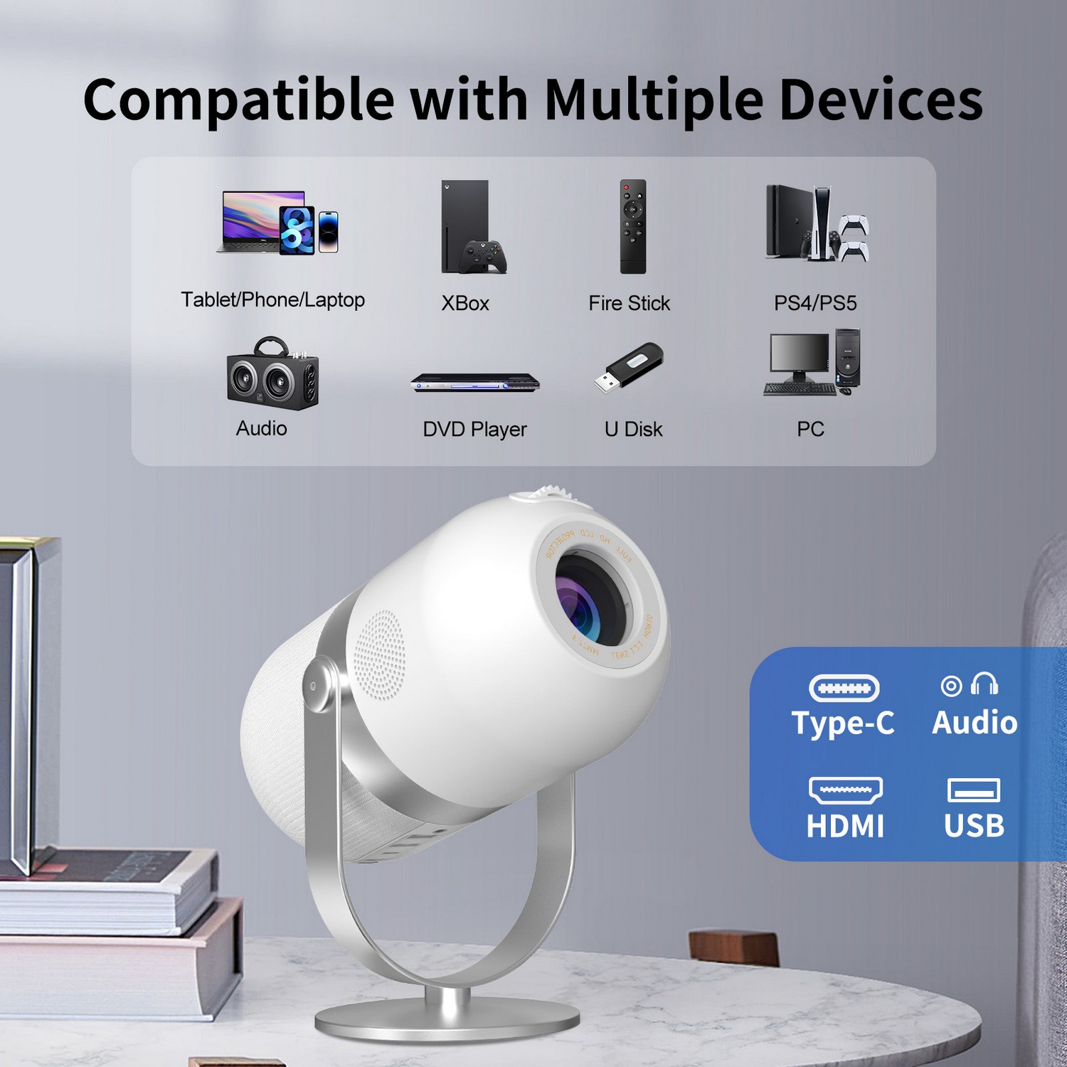ポータブル プロジェクター 4K + WiFi + 5.0 Bluetooth + 4500