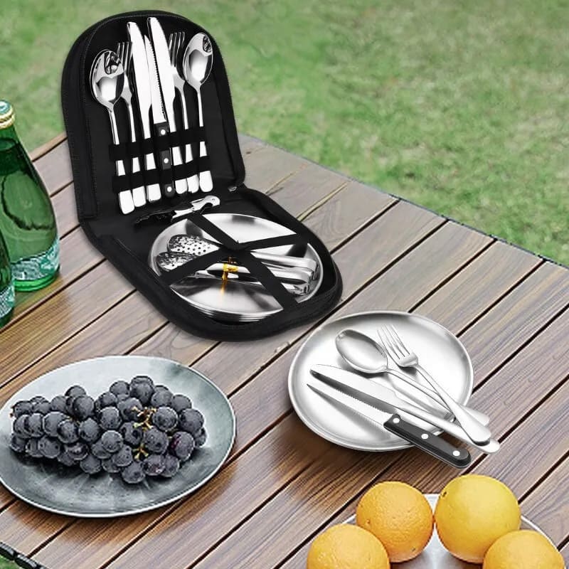 Set Posate Da Viaggio In Acciaio Inox - 9 Pezzi Con Contenitore - Forchetta Coltello Cucchiaio Apriscatole Cannucce Spazzola Bacchette - 2