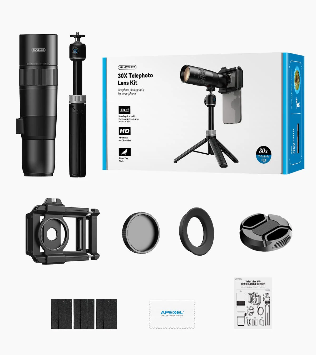 Lente Teleobjetivo 30x Para Móvil Con Trípode – Captura Detalles Lejanos, Compatible Con IPhone Y Android, Incluye Clip Universal