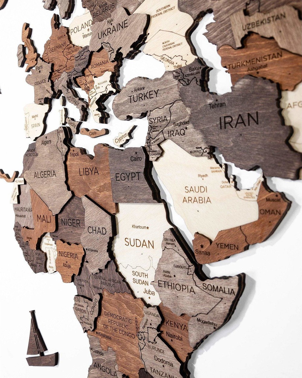 Large wooden world map for travelers 3D - AQUA 300 cm x 175 cm
