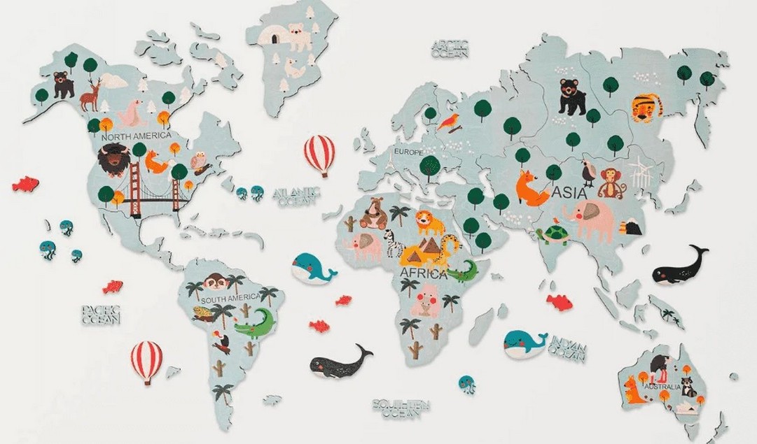子供向けの世界地図壁に動物が描かれた2D木製地図-青200x120cm | Cool