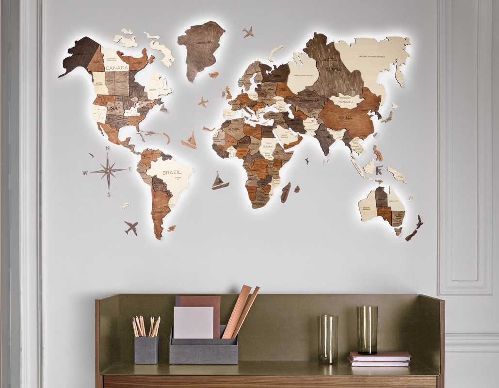 Carte Du Monde En Bois 3D Green Split - Déco Murale Moderne - Style Scandinave