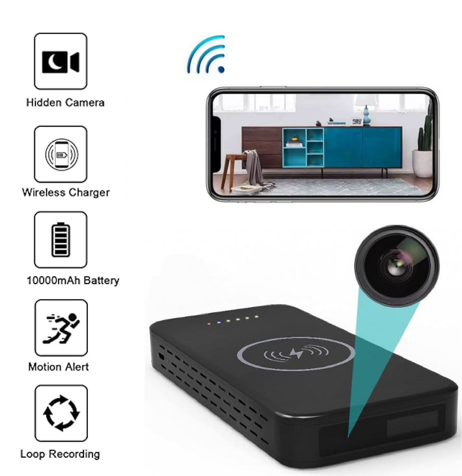 Power bank camera 10000 mAh wireless charging 2K resolution + WiFi/P2P ...