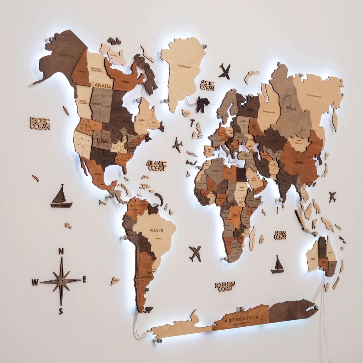 LED wooden world map - 3D RGB wood map backlight (mobile app