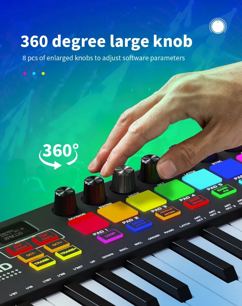 TERENCE Clavier MIDI 25 Touches Professionnel - Contrôleur Avec 8 Pads RGB, Écran OLED, Batterie 500 MAh, Bluetooth Et USB