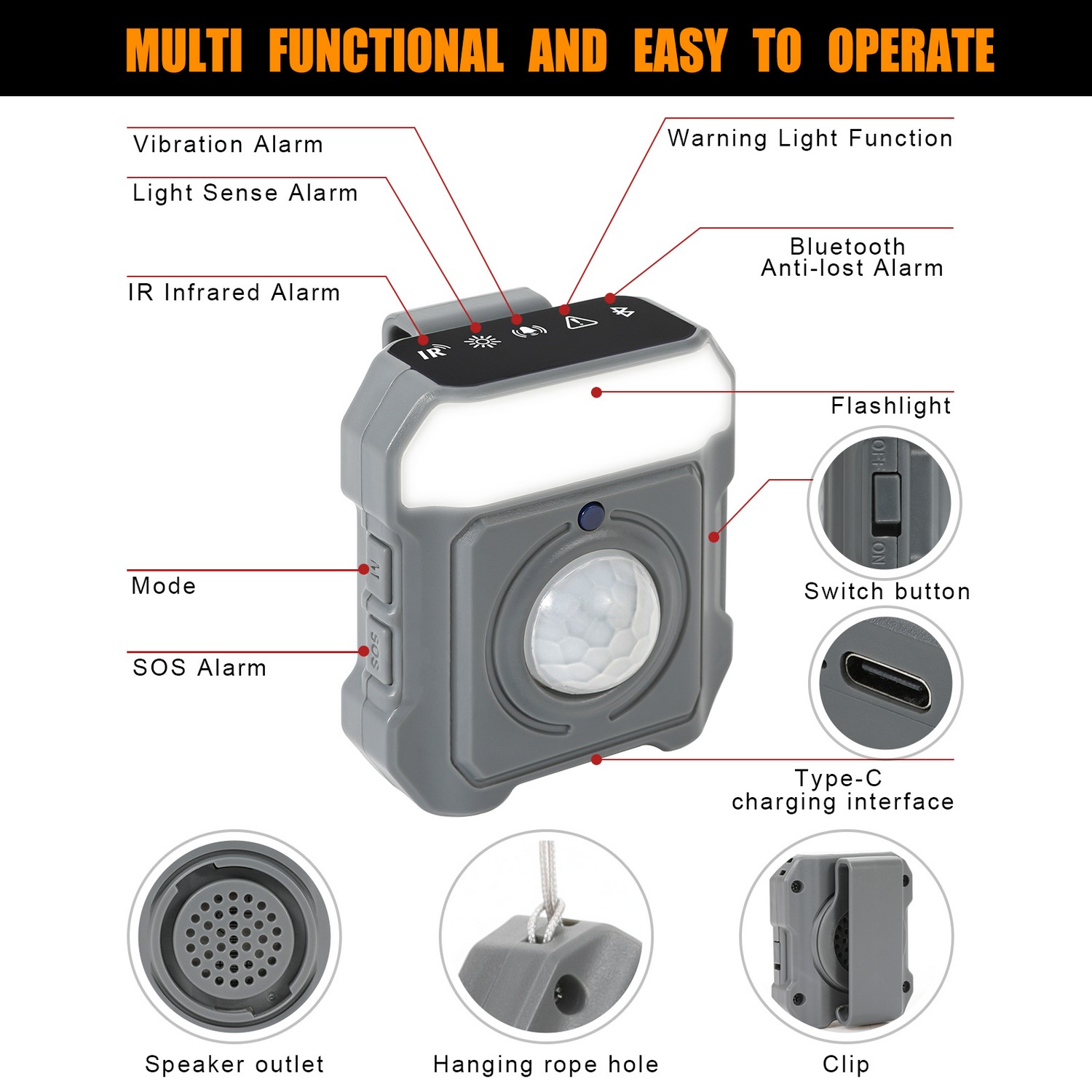 Personal alarm - mini security alarm 7 in 1 vibration/sound/light - 130 dB  siren + PIR sensor