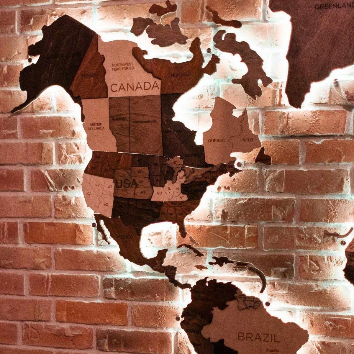 Arte de pared de madera con mapa del mundo 3D con iluminación LED RGB ...