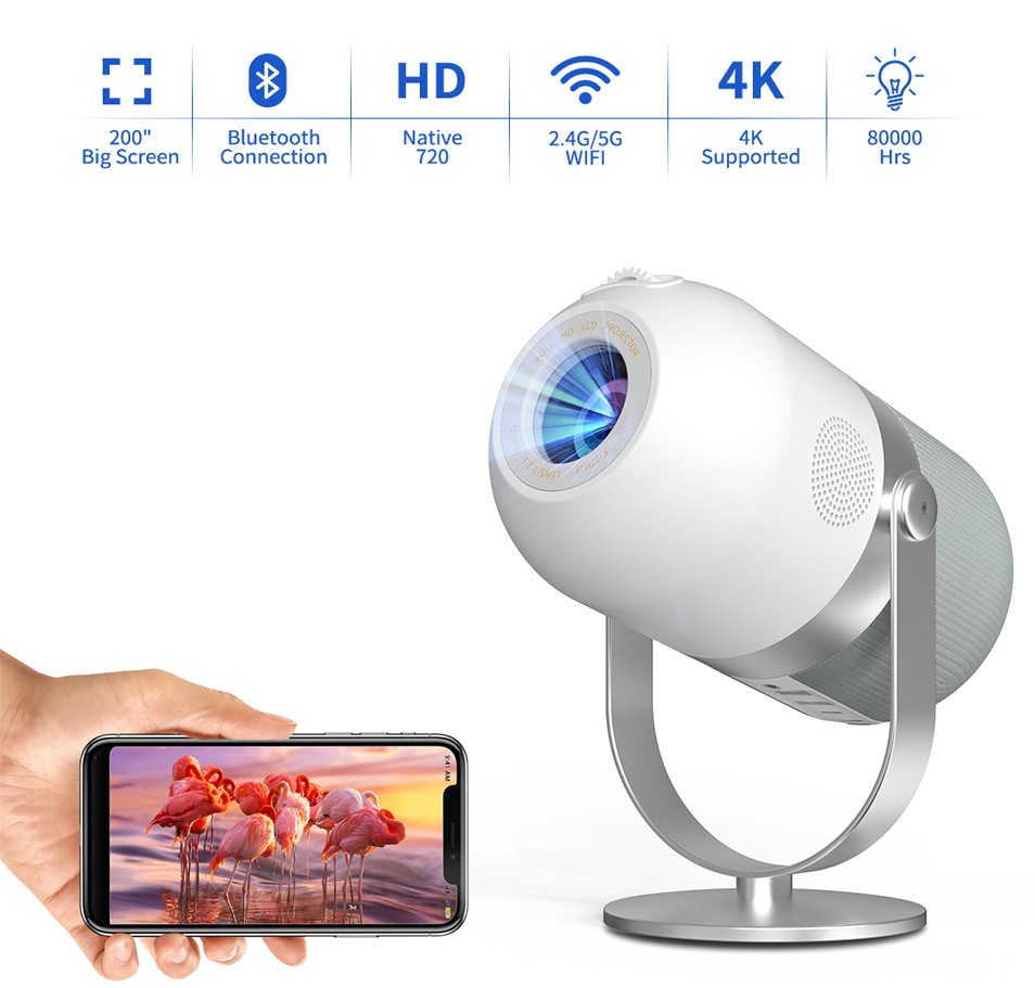 ポータブル プロジェクター 4K + WiFi + 5.0 Bluetooth + 4500