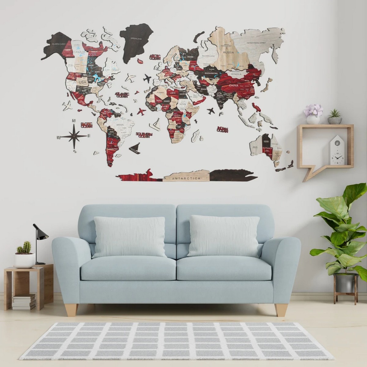 Large world map - 3D wodden map on the wall - URBAN 150 cm x 90 cm