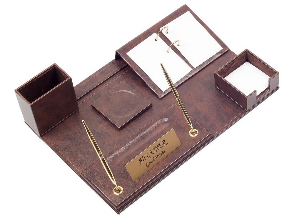 Office desk set 9 pcs - luxury leather (Brown Leather