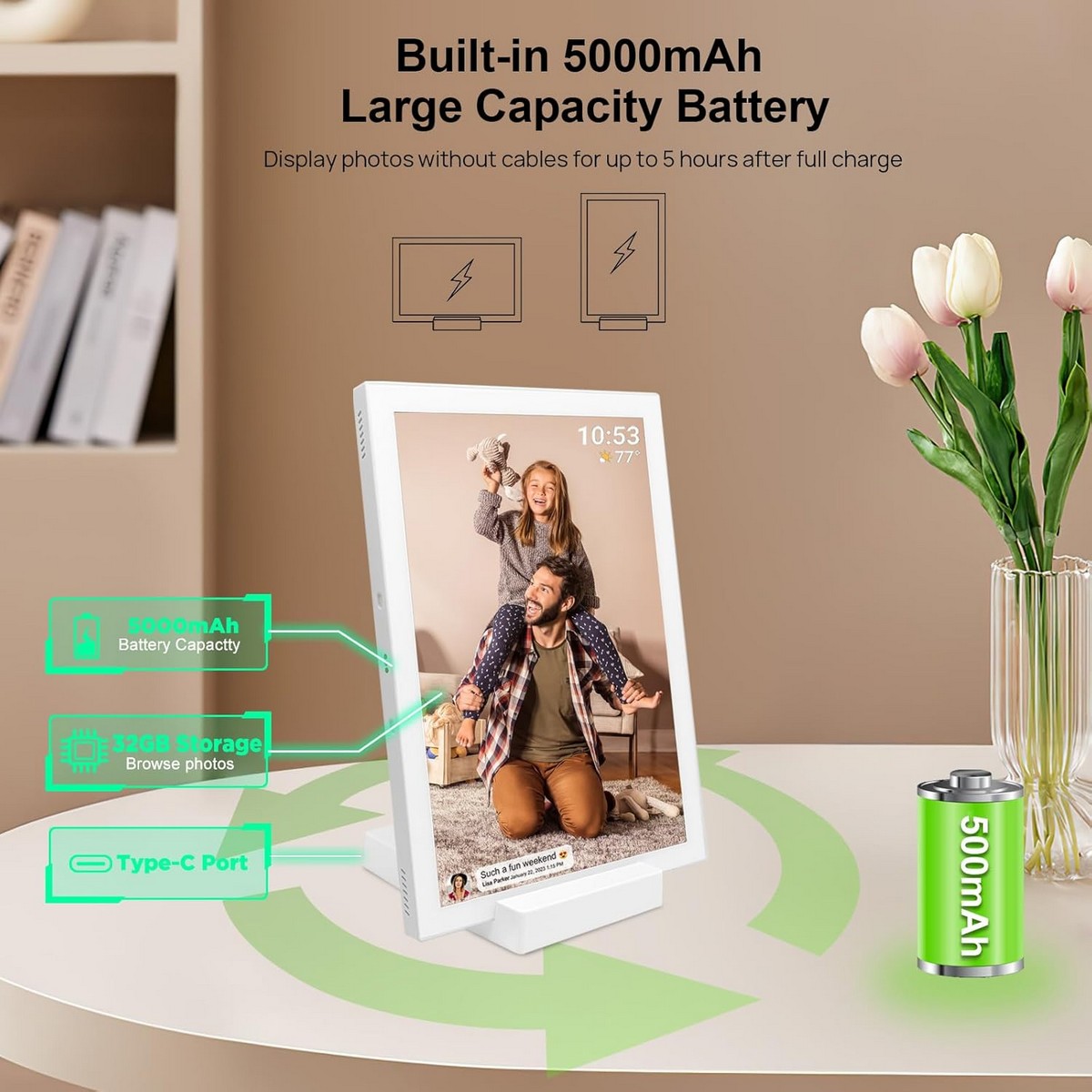 Frameo Cornice Digitale 10.1" IPS Con Batteria 5000mAh, WiFi, 32GB, Touch E Ricarica Wireless – Condivisione Istantanea Foto E Video