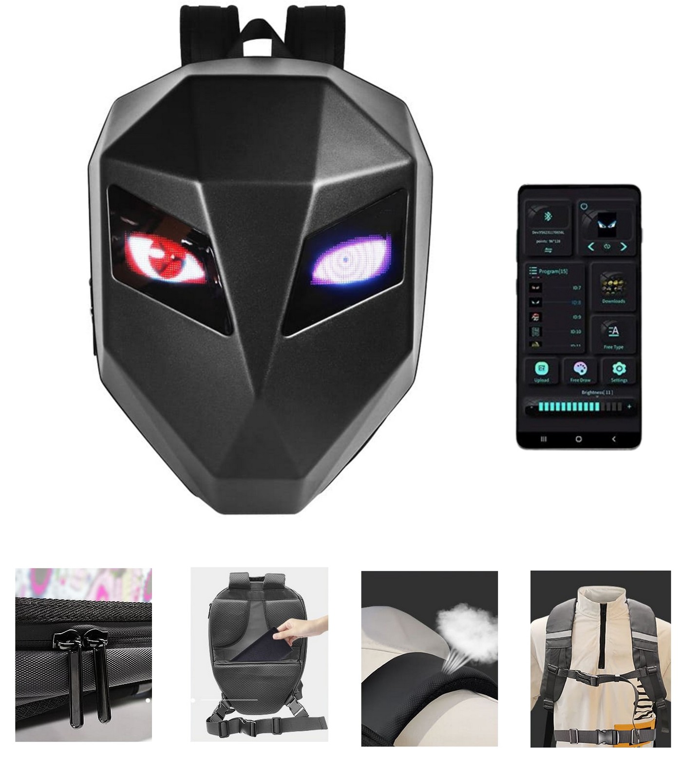 LED knight backpack with display - EYE Smart LCD screen for smartphone ...