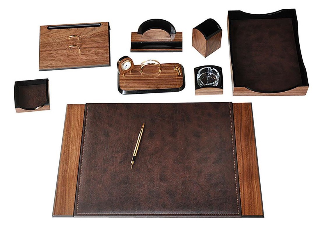 Luxury office table set of 9 accessories - 100% Handmade - Brown