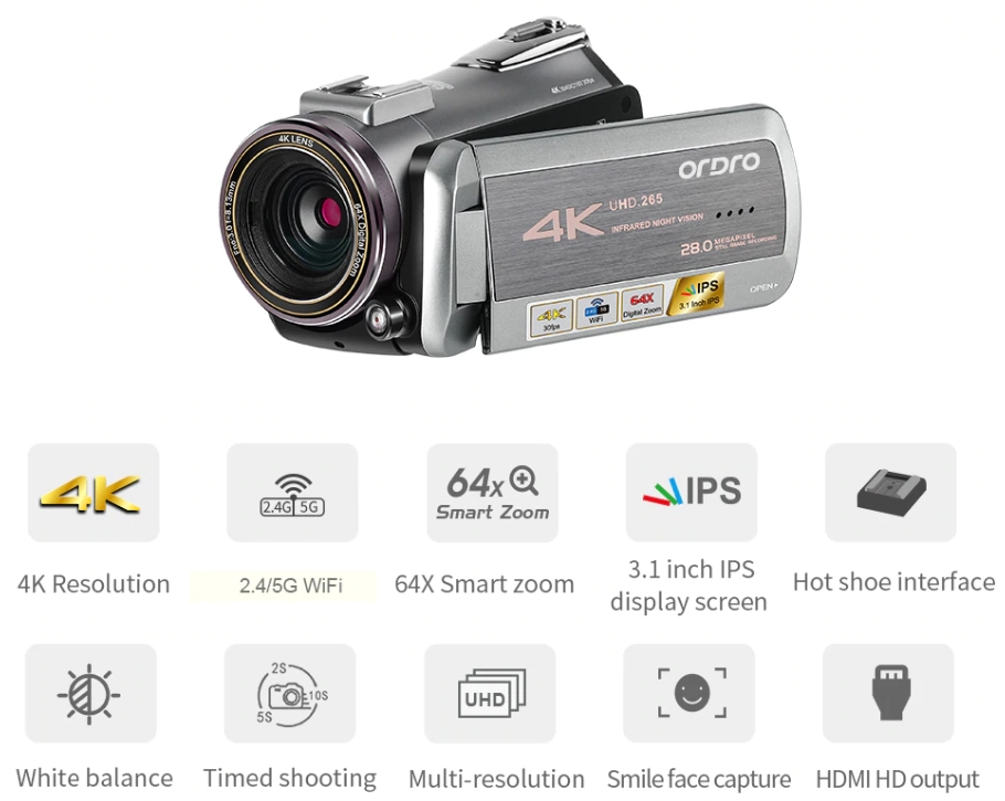 4K Camcorder Ordro AZ50 night vision + WiFi + telephoto lens +