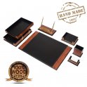 皮革办公桌垫-办公室豪华套装8件-胡桃木+黑色皮革