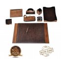 Marangyang office table set ng 9 na accessories - 100% Handmade - Brown (Wood + Leather)
