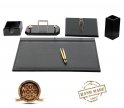 Luksusowy ZESTAW biurowy na dokumenty na biurowy stół 6 szt. czarna skóra + drewno