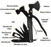 Ensemble marteau/hache multifonction - Kit d'outils de survie 17 en 1 + couteau/pince/tournevis/scie