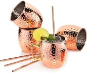 Ensemble de 4 verres en acier inoxydable et cuivre - 530 ml style Viking avec pailles en acier