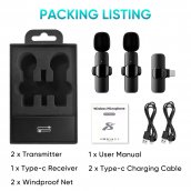 SET מיקרופון אלחוטי לסמארטפון 2x עם משדר עם USBC + קליפ + הקלטה של 360°