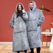 Коўдра для тэлевізара з рукавамі - пухнаты свитшот oversize капюшон + кішэня кенгуру 165 см​ шэры