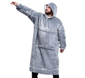 Коўдра для тэлевізара з рукавамі - пухнаты свитшот oversize капюшон + кішэня кенгуру 165 см​ шэры