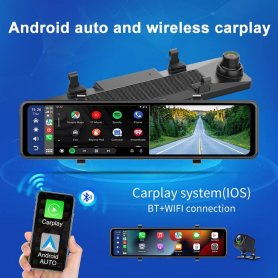 Bilkamera med bakspeil med WiFi + Bluetooth + 11" skjerm + ryggekamera + støtte (Android auto/Carplay iOS)