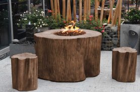 Кострище из пня + Роскошный стол с газовым камином из бетона (имитация дерева)