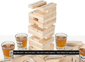 Jenga veža drevená so 4 pohárikmi na shoty - spoločenská párty hra pre 2 – 4 hráčov