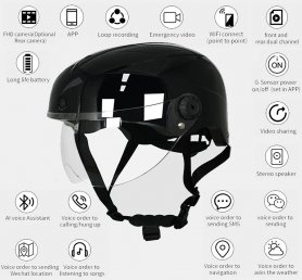 Cameră pentru cască motocicletă - Dual față 1080P și spate 720P + WiFi P2P + Asistent vocal AI + Senzor G