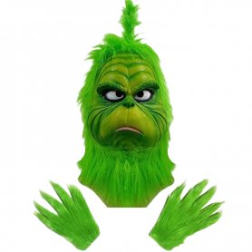 Mască și mănuși Grinch - masca de față realistă Grinch (latex / silicon) pentru Crăciun