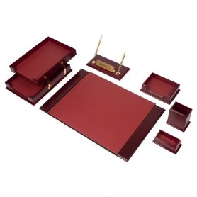 Conjunto de acessórios de escritório de luxo 8 unidades para mesa de trabalho (nogueira + couro Bordeaux)