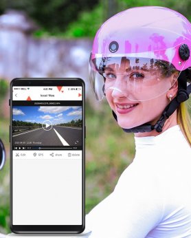 Cámara para casco de motocicleta: doble frontal 1080P y trasera 720P + WiFi P2P + Asistente de voz AI + Sensor G
