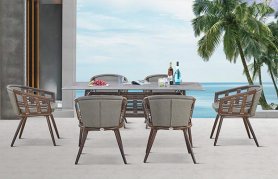 गार्डन फर्नीचर - 6 लोगों के लिए रतन बैठने का आधुनिक डाइनिंग सेट + टेबल