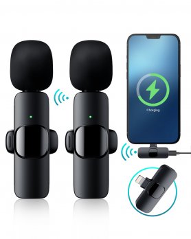 USBC + Clip + 360° ریکارڈنگ کے ساتھ ٹرانسمیٹر کے ساتھ وائرلیس اسمارٹ فون مائکروفون 2x سیٹ کریں