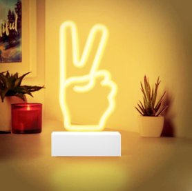 Svítící neonové LED logo na podstavci - Ruka symbol míru