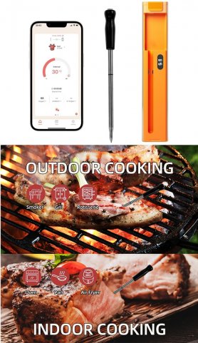 Meat thermometer - wireless bluetooth meat grilling thermometer (iOS/Android app) up to 30m