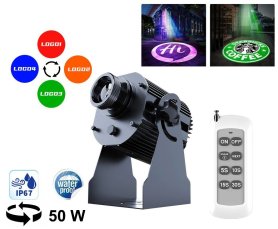 Proyector Gobo 50W proyección hasta 20M + bandeja para 4x Gobo Logos + mando a distancia