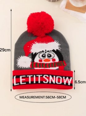 Czapka dziergana - świąteczna czapka z pomponem świecącym diodą LED - LET IT SNOW