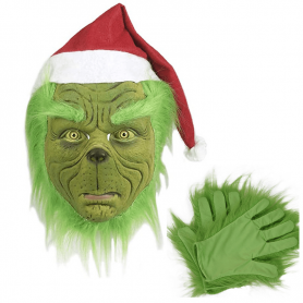 Grinch (vihreä tonttu) kasvonaamio käsineillä - lapsille ja aikuisille Halloweeniin tai karnevaaliin