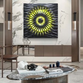 Aluminium-Gemälde – Metall-LED-Hintergrundbeleuchtung RGB 20 Farben – Sonne 90 x 90 cm