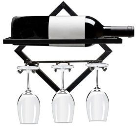Botellero de pared + soporte para copas de vino (1 botella + 3 copas)