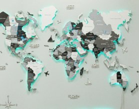 Mapa-múndi Wodden na parede - forma 3D iluminada por LED Branco-Cinza - 150 cm x 90 cm