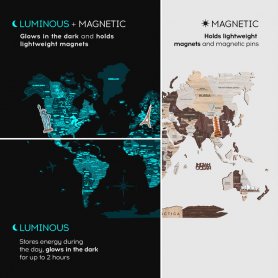 3D magnetni stenski lesen zemljevid sveta - Žareče v temni barvi Capuccino XXL - (300x175cm)