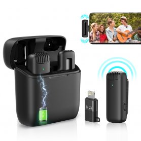 Wireless microphone (mic) para sa mobile phone na may transmitter - USB-C + Lighting + charging case