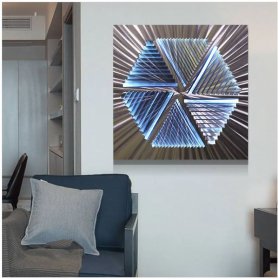 Srebrna metalowa grafika ścienna - Metalowe podświetlenie LED RGB 20 kolorów - Trójkąty 50x50cm