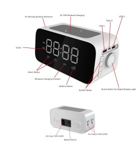 Alarm budík + bezdrátová nabíječka 10W + baterie 2200 mAh s USB A a USB C výstupem 5V