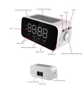 Jam alarm + pengisi daya nirkabel 10W + baterai 2200 mAh dengan output USB A dan USB C 5V