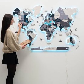 Mapa de pared LED de madera retroiluminado RGB 3D Gris - (App móvil + mando a distancia) - 200x120 cm